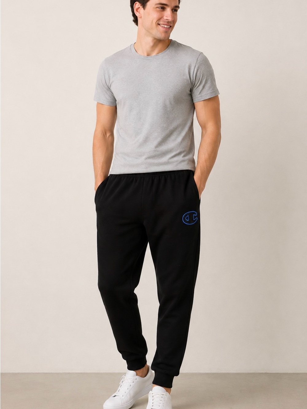 Champion Men’s Black Jogger Sweatpants Size M Blue Big C Logo Athletic Fleece